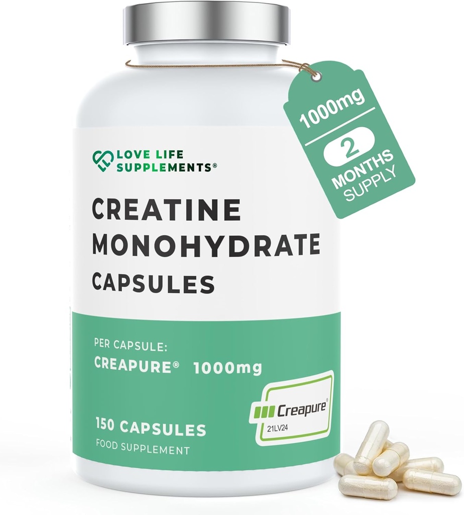 Suplimente de viață dragoste Creapure® Creatină Monohidrat, 150 capsule, 1 Gram per capsulă (nu pulbere sau tablete), 30-50 Serviri, pentru construirea musculare, Putere și putere de ieșire, a treia parte testat