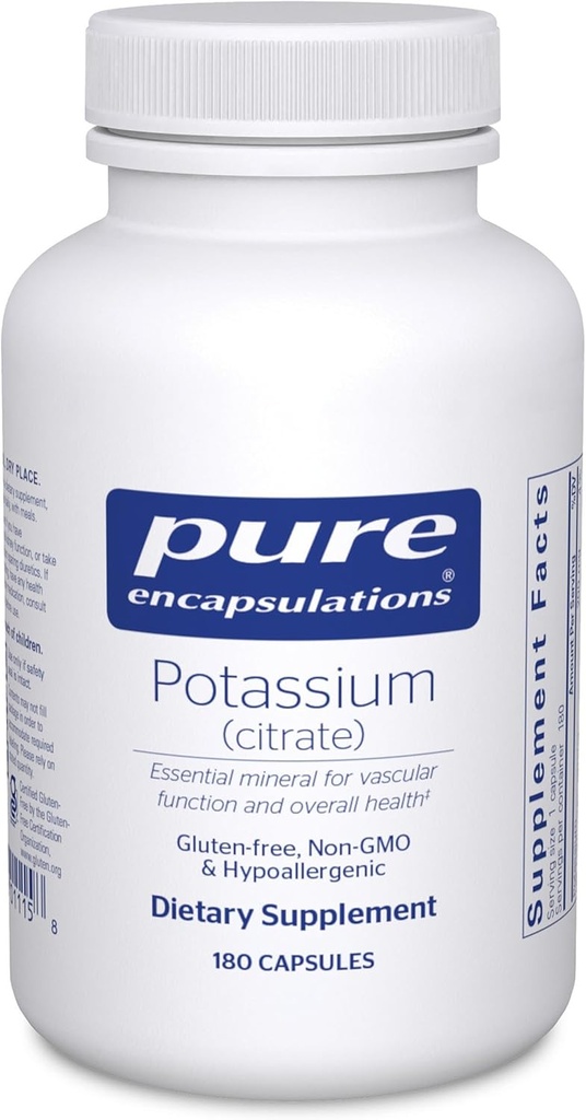 Încapsularea pură Potasiu (Citrate) - Supliment electrolit esenţial pentru a sprijini funcţia nervoasă şi musculară, adrenalii, hormoni, Heart Health & Energy* - Capsule cu citrat de potasiu - 180 capsule