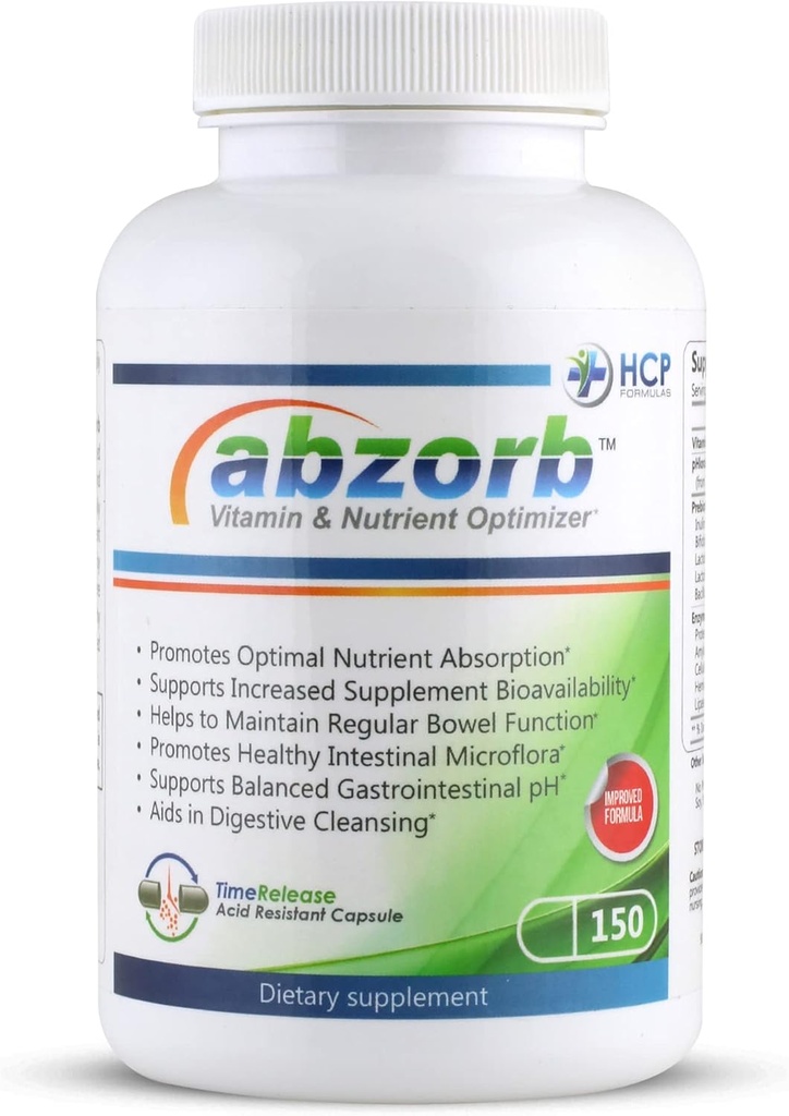 Abzorb - Optimizer de vitamina si nutrient - Enzime digestive, Probiotice, Complex de oxid de magneziu - Balance Intestinal Flora - Suport pentru sanatate si intestin - Supliment alimentar - 150 Capace