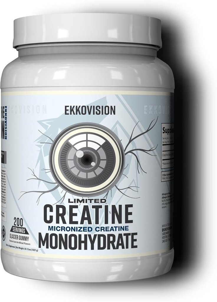 Ekkovision Creatin Monohidrat pulbere, Micronited, Glacier Gummy, Pre Workout & Post Supliment de antrenament pentru bărbați și femei, Suport energetic, Ușor de amestecat în Shake-uri, Smoothies & Beverages, 200 Serviri