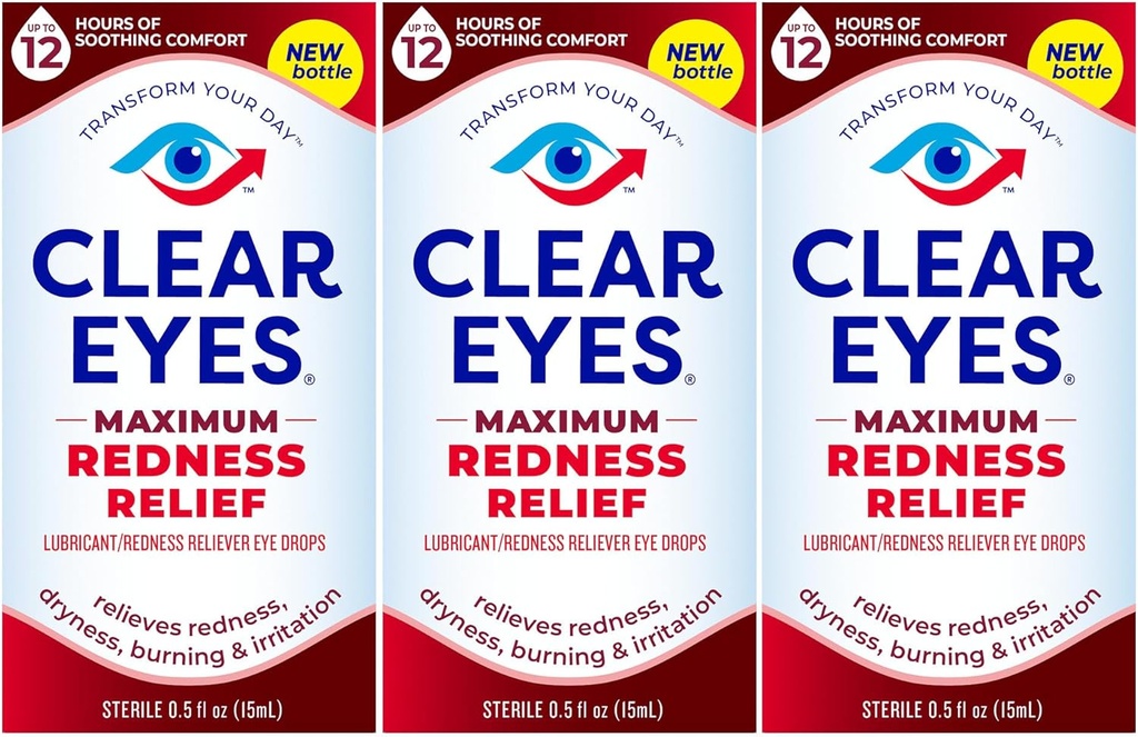 Clear Eyes Redness maximă ochi relief picături ochi, 0.5 Fl Oz, ambalaj de 3