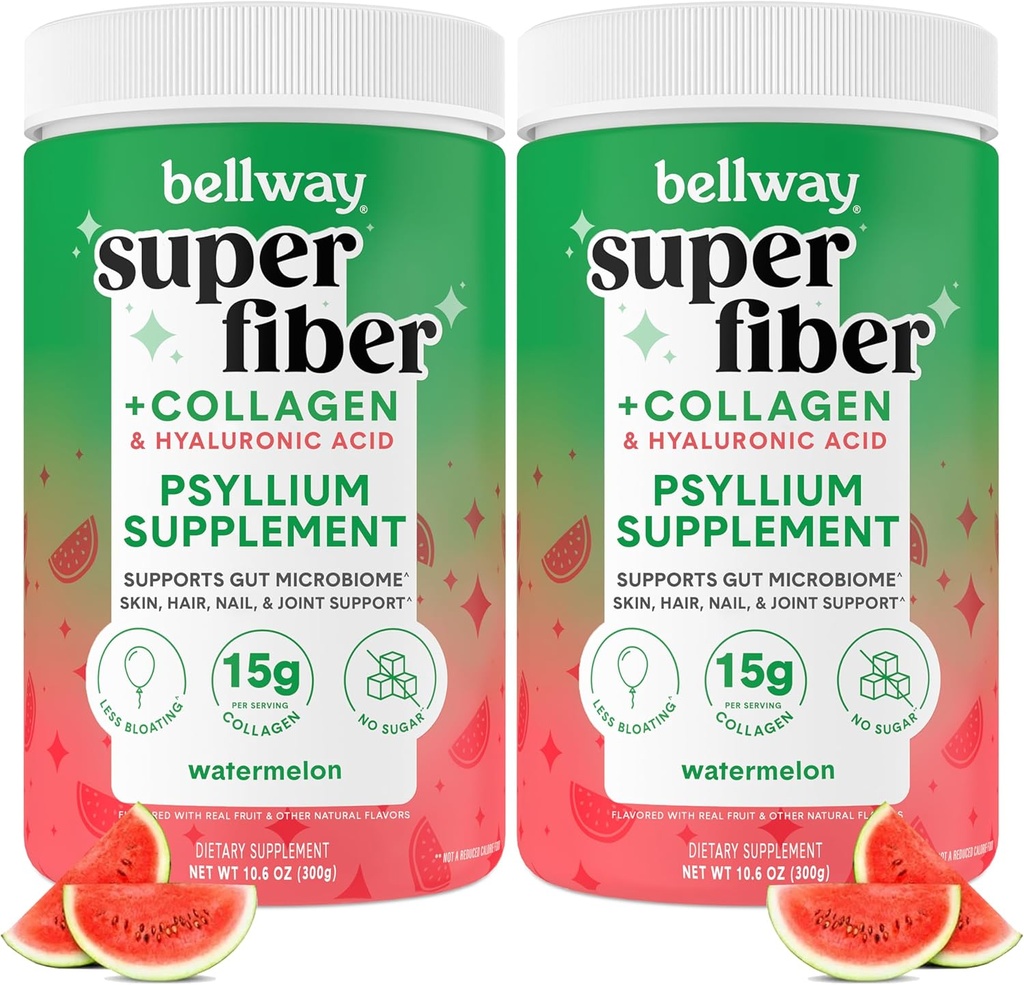Bellway Super Fiber Powder + Colagen (2 ambalaj), Psyllium Husk pulbere fără zahăr cu Colagen Peptide și acid hialuronic pentru sănătate gută, piele sănătoasă, unghii, oase și articulații, pepene verde (21.2 oz)