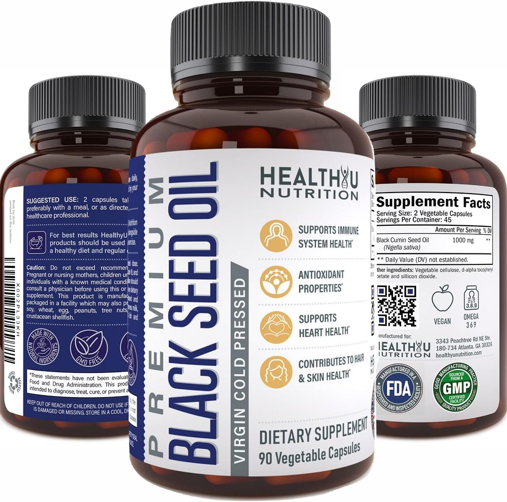 Premium chimen negru capsule de ulei de semințe - Virgin rece presat Nigella Sativa Black Pastile de ulei de semințe - Suplimentul de sprijin imun - Omega 3 6 9 Vitamina E semințe negre pentru unghii Piele de păr 1000 mg p/Serving