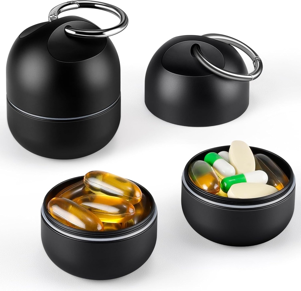 Zannaki Small Portable Single Pill Box Keychain - Metal Daily Travel Pill Organizator caz, impermeabil Pilula Holder Sticla, Drăguț medicament supliment de vitamine Container Carrier pentru buzunar sau geantă, negru
