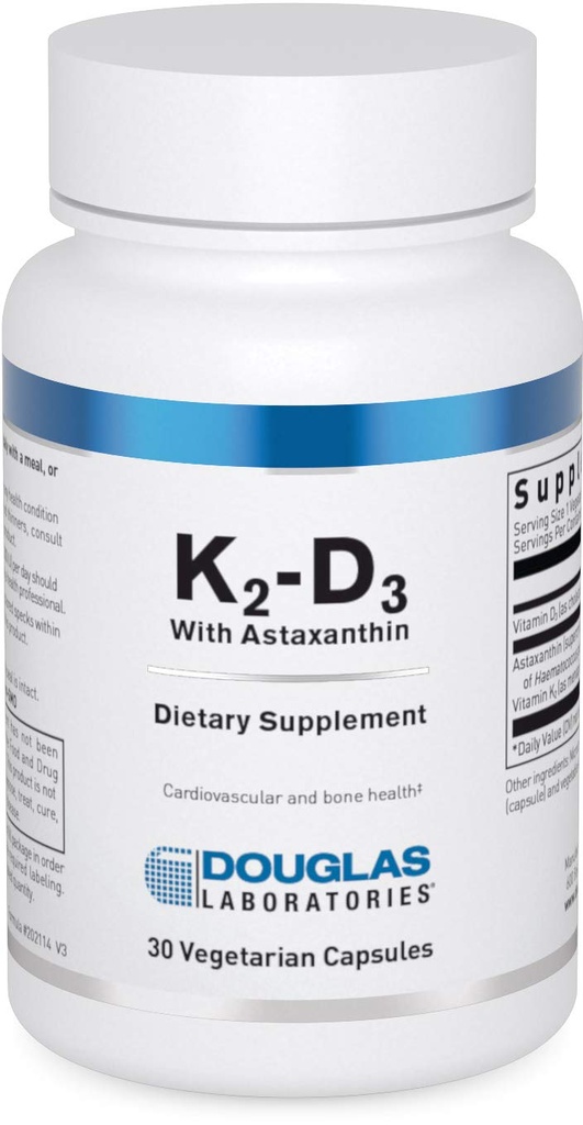 Laboratoarele Douglas K2-D3 cu Astaxantină - Suport Antioxidant pentru Oase, Funcţie Imunală şi Sănătate vasculară* - Cu Menachinonă-7 & D Vitamină - 30 Capsule vegetariene