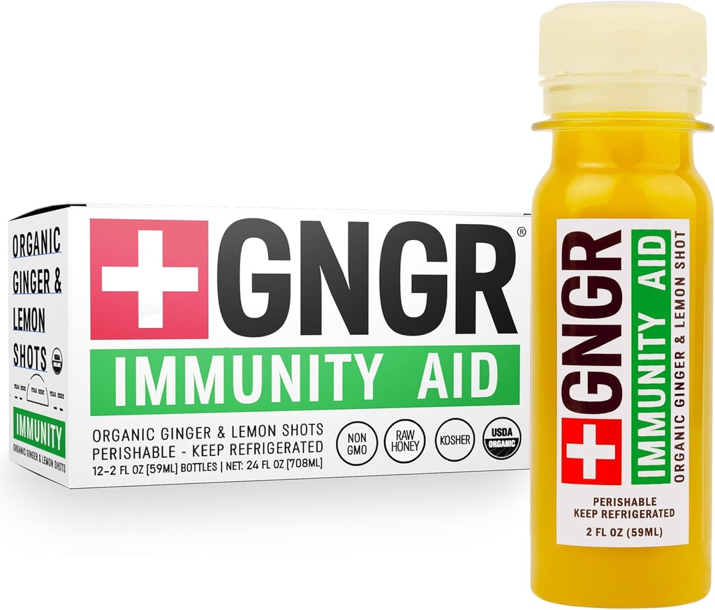 +GNGR Ajutor pentru imunitate Ginger organic, Lemon & Honey Shot - Ginger Shot-uri presate la rece cu Echinacea, suc de lămâie, miere, zinc și vitamina D3, suport imun și digestiv 2 fl oz (Pachet de 12)
