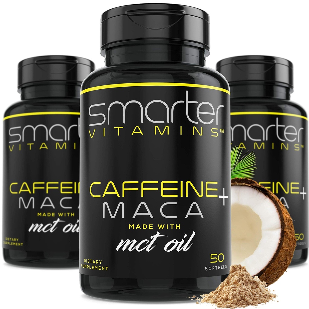 (3 Pack) Pastile de energie mai inteligente, 200mg Cafeina & Coconut MCT Ulei cu rădăcină Maca, 150 Softgel lichid