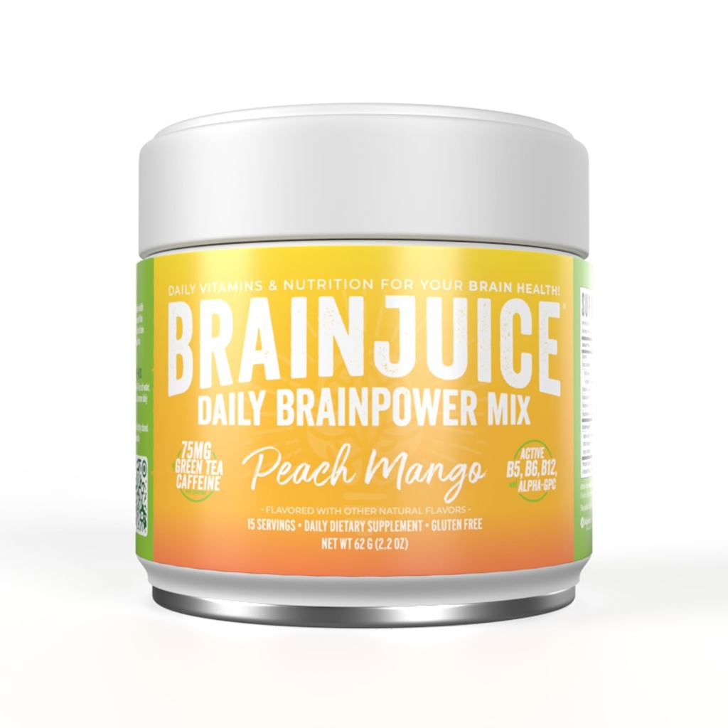 BrainJuice Nootrops Brain Supplement de suport, Gluten pulbere gratuit pentru energie și focalizare, Drink Mix cu L Theanine, Alpha GPC, Vitamina B, Organic Green Ceai extract Cofeina, Peach Mango, 15 Serviri