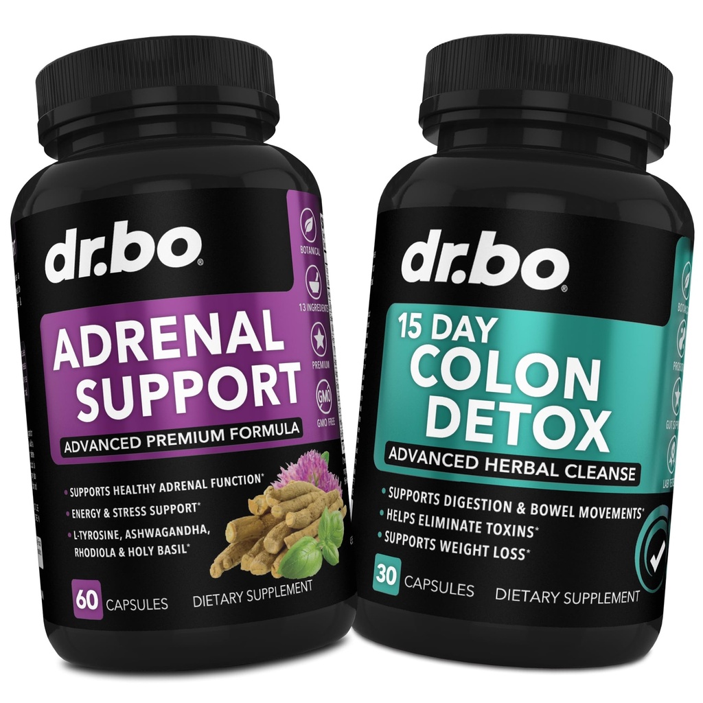 DR. BO Suport adrenal & Suplimente de curăţare a colonului - Suplimentul de oboseală suprarenală cu Ashwagandha & L Tyrosine - 15 zile Pastilele de curăţare intestinală pentru susţinerea mişcării Bowel şi curăţarea stomacului