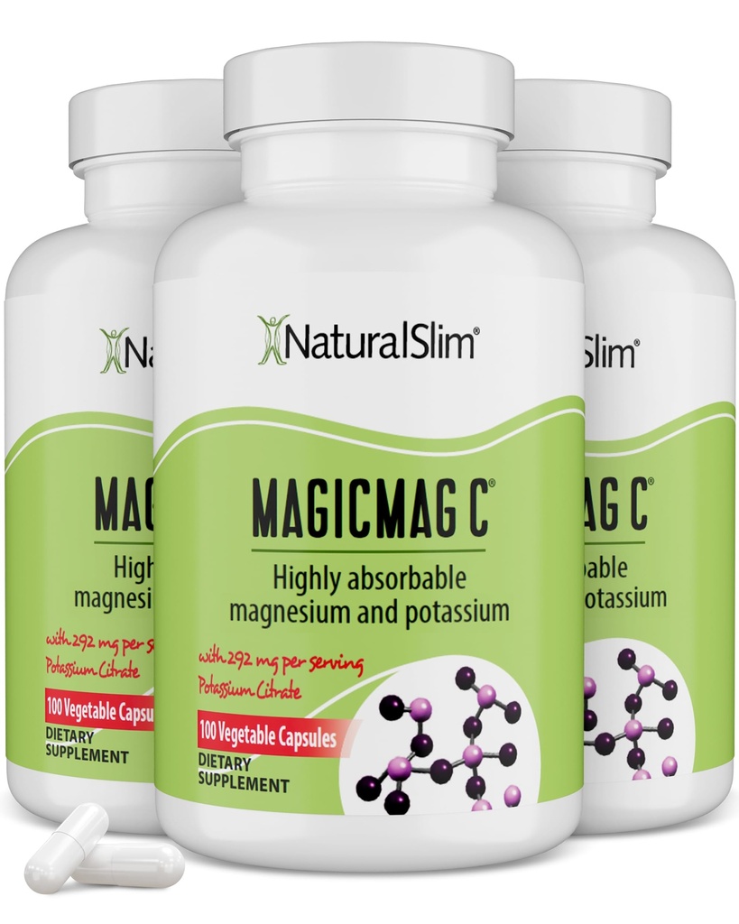 MagicMag C de NaturalSlim, Citrate de magneziu cu potasiu pentru relaxare musculară, Calitate de somn, Funcţie nervoasă şi suport electrolit, Supliment de magneziu zilnic pentru bărbaţi şi femei, 100 capsule 3pk