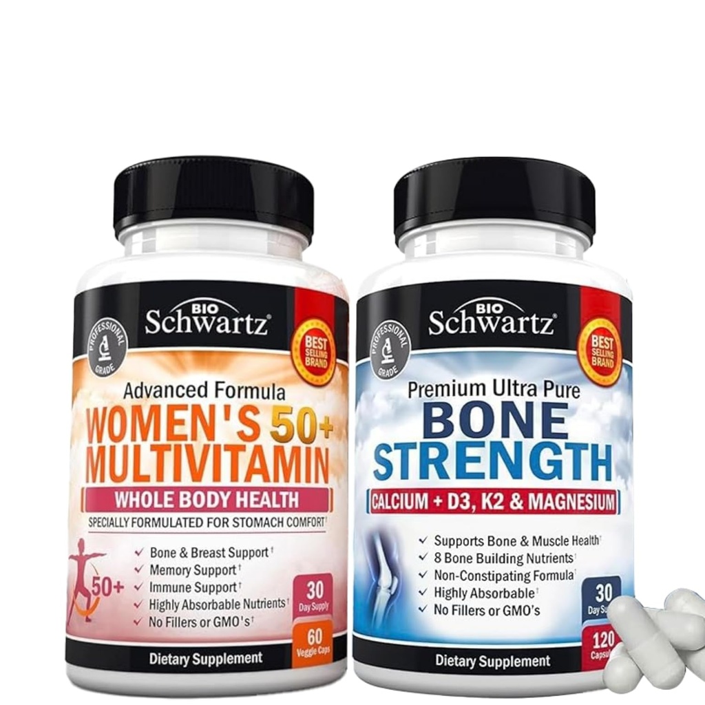 BioSchwartz Daily Multivitamine pentru femei 50 și peste (1 lună de aprovizionare) Plus Concentrație osoasă Supliment mineral cu calciu și magneziu (1 lună de aprovizionare)