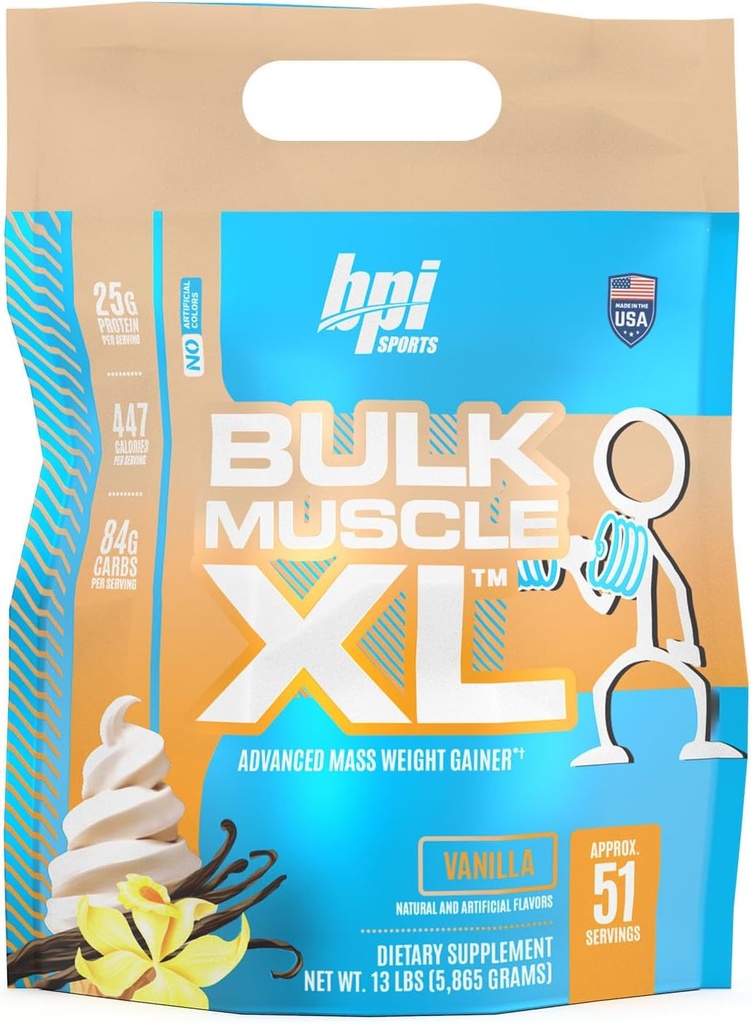 BPI Sports Bulk Muscle XL - Advanced Mass Gainer for Serious Muscle Building & Recovery, 25g Proteine & 497 Calories Per Serving - Ciocolata, 13lb Bag (13lb, Vanilla)