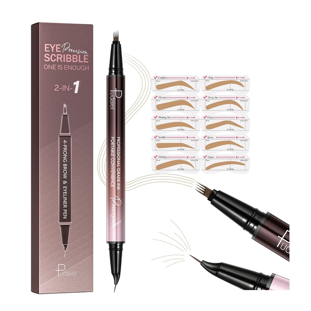 2-in-1 Creion sprânceană curbată și eyeliner cu 10Pcs Stencils sprâncene, Microblading eyebrow Pencil cu 4 Fork-Tip și curbate Precise Sfat, impermeabil și lung creion sprânceană pentru femei, blond lumina