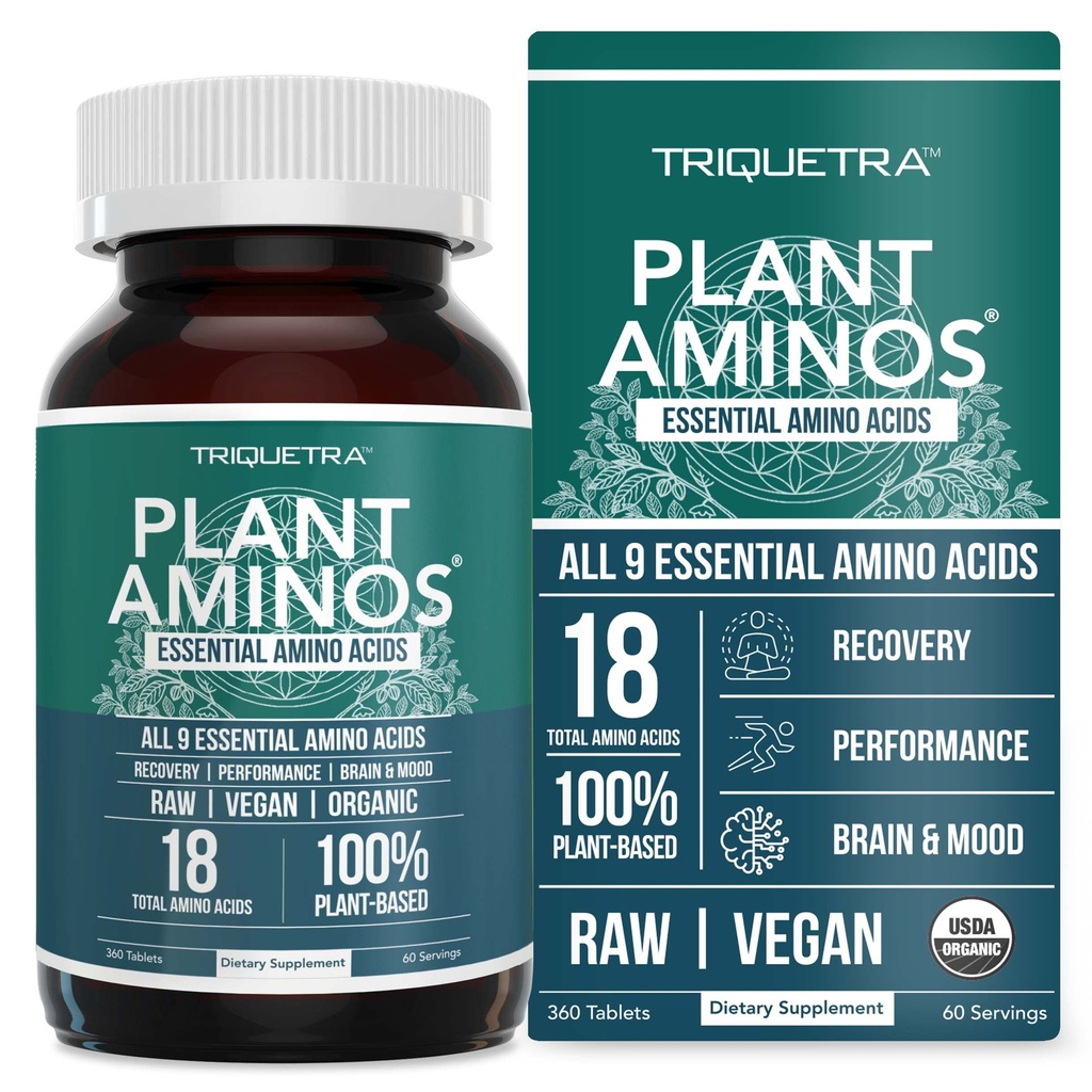 Aminos Organic Essential Amino Acid Supliment (EAAs) & BCAA - 100% plante-Based Raw, Vegan - Toate 9 Aminoacizi esențiali cu 18 Total Aminoacizi (360 comprimate)