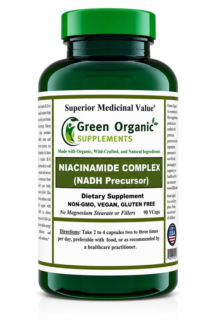 Green Organic Supplements Niacinamidă, Niacin, NAD, NADH, High Absorbable, Non-GMO, Gluten-Free (Single)