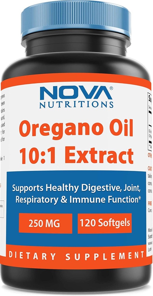 Nova Nutritions Ulei Oregano 250 mg 10:1 Extract - non-GMO & Gluten Free - Ulei de pastile Oregano - Suport imun - 120 Softgels