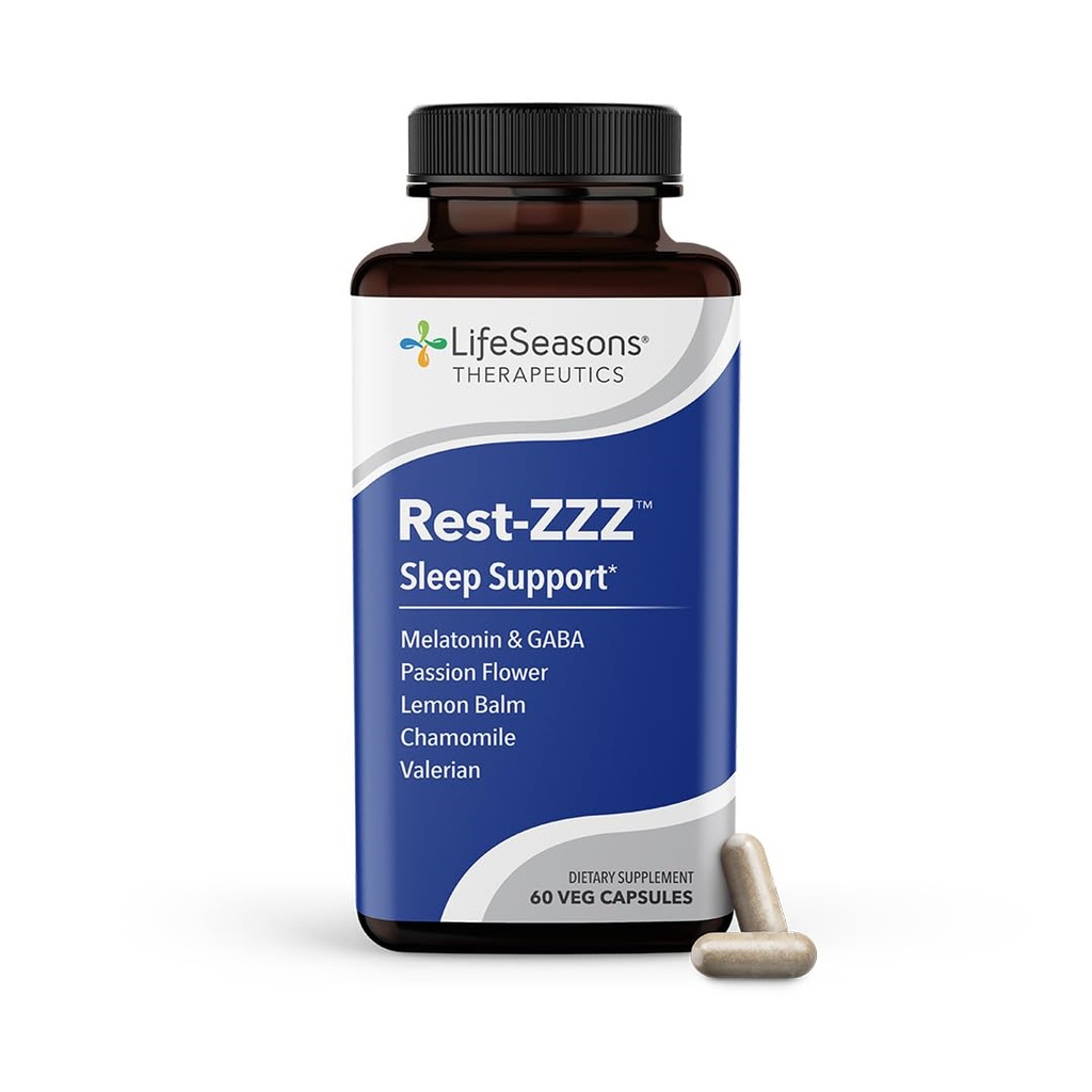 LifeSeasons Rest-ZZZ - Natural Sleep Supplement - Fall Asomn & Stay A Sleep - Calmează sistemul nervos - Ușor Tensiune musculară și neliniște - Melatonină în doză mică GABA & Mușețel - 60 capsule