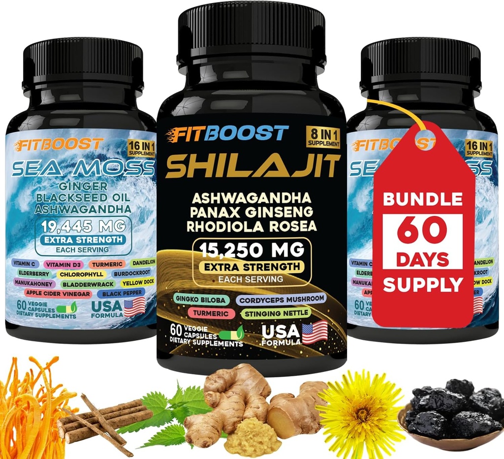 60Day Supply Sea Moss și Shilajit Bundle pentru bărbați All-in-1 Vitality Seamoss Black Seed Oil Ashwagandha Burdock Root Delicately Pregătite pentru tine la Raintain & Regain Putere