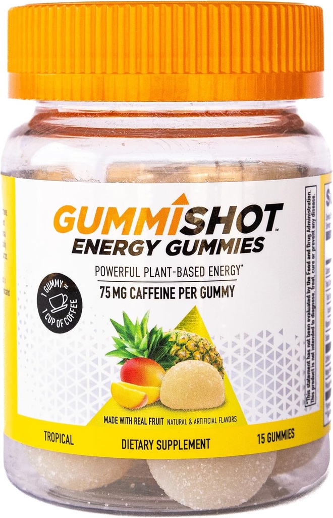 GummiShot Energy Gummies, 1125 mg de plante-based Cafeina Chews pe sticla, Boostere de energie de lungă durată, Tropical (15ct)