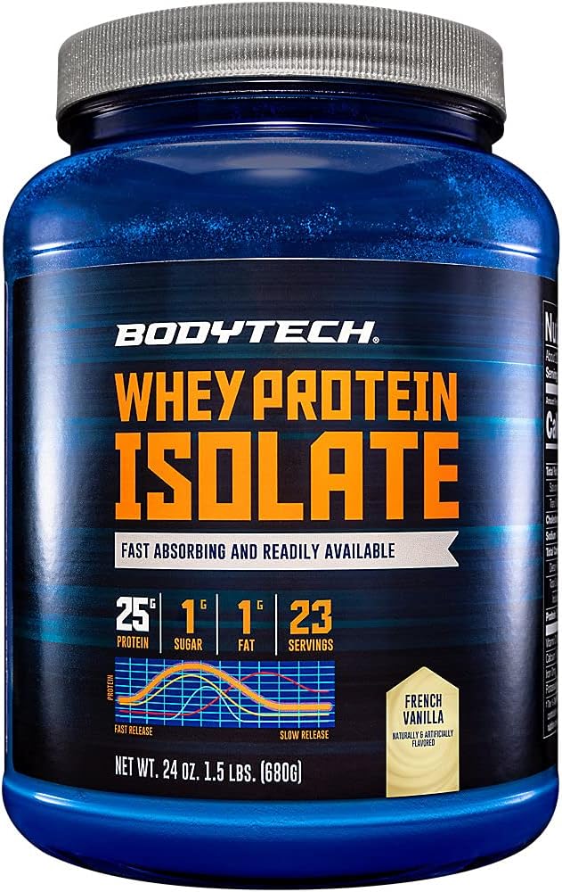 BODYTECH Pulbere de izolat de proteine - cu 25 de grame de proteine per servire & BCAA - Ideal pentru construirea și creșterea musculară post-workout, conține lapte și soia - vanilie franceză (1.5 lire sterline)