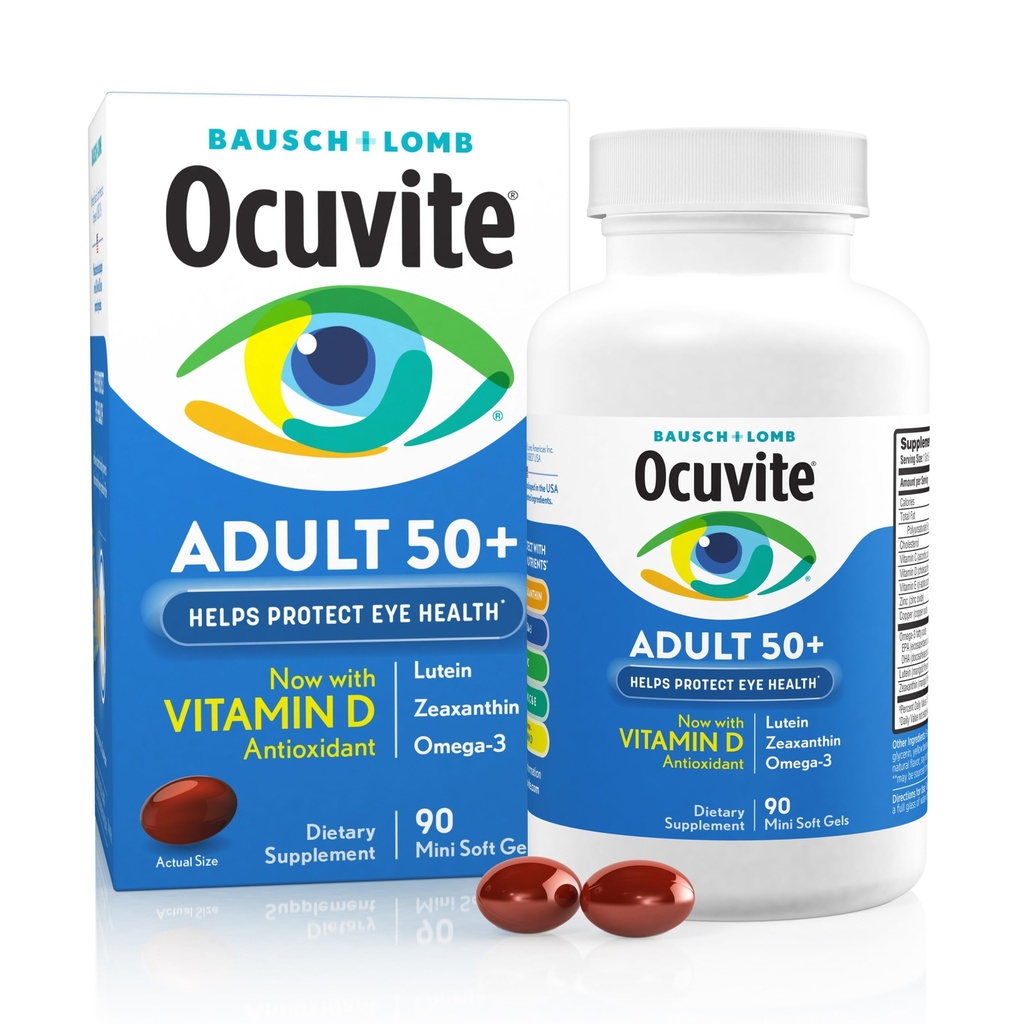 Ocuvite 50+ Oye Vitamina si Suplimentul mineral, Multivitamine pentru Vision & Sanatate Oculară cu Omega-3, Zinc, Vitamine C & E, Lutein & Zeaxantină, Suplimente de zinc pentru femei și bărbați, 90 Softgels