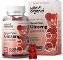 Wild & Organic Panax Ginseng Gummies 1500 mg - Coreean Red Ginseng Supplement - Vegan, non-GMO Root Powder Based Chews - 60 Conte