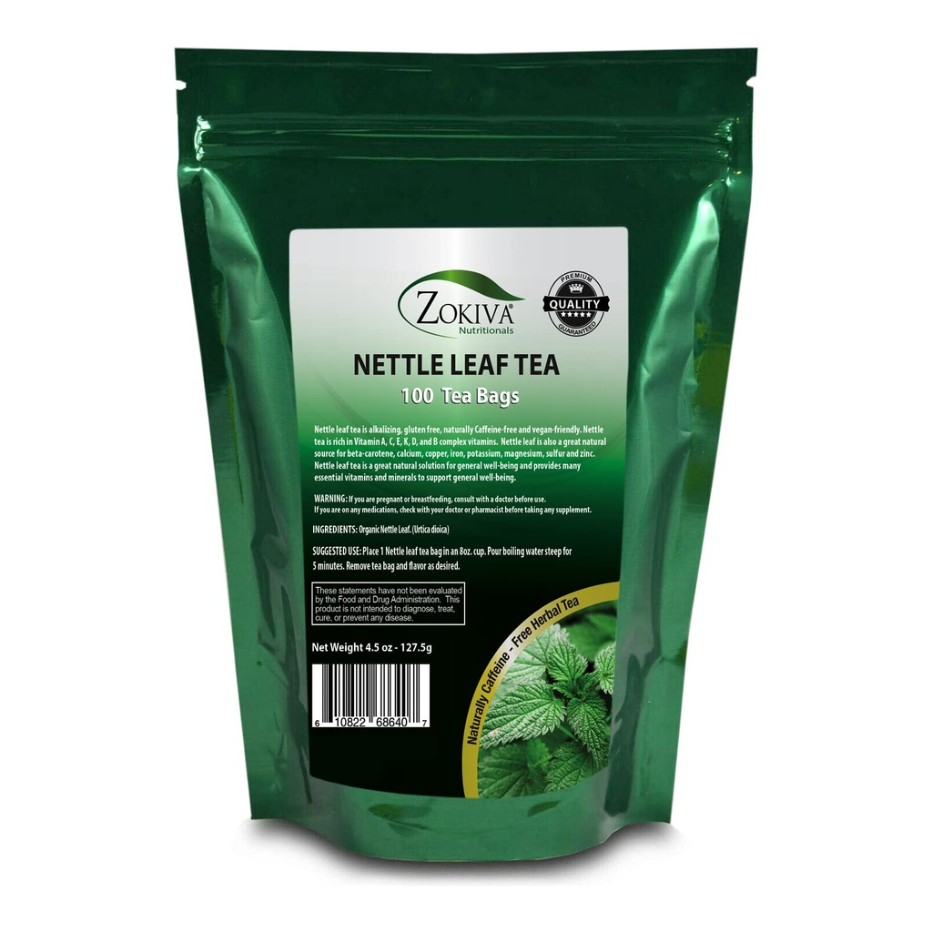 Zokiva Nutritionals - Nettle Leaf Tea Bags Mega Pack - 100 Premium Quality Convenabil Organic Ceai Bags - Cafeina-free și Vegan-friendly Într-un stand de sus Zip Lock Pouch