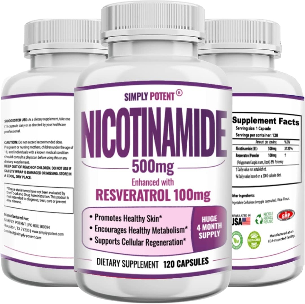 Nicotinamida 500 mg cu Resveratrol 100mg - 120 capsule vegetale - suplimente de vitamina B3 pentru a sprijini NAD, Skin Cell Health & Energy