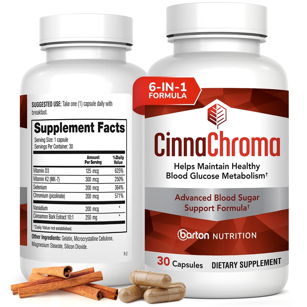 Capsule CinnaChroma - Suplimente cu scorțișoară cu 10:1 Extract, crom, vanadiu, seleniu, vitamina D3 & K2 - Bloc de zahăr natural - 30 capsule, 1 lună de aprovizionare
