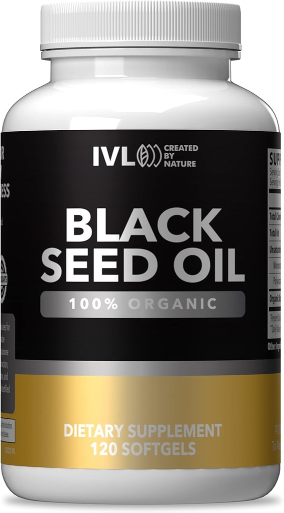 IVL - Ulei de semințe negru organic - 120 capsule Softgel - (1000 mg per Serving) - Nigella Sativa ulei de semințe pură presat la rece - Omega 3 6 9, antioxidanți, Thymochinonă - capsule de ulei de semințe de culoare neagră