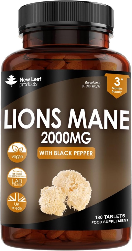 Produse noi Leaf Lions Mane supliment extract de ciuperci 2000mg - 180 comprimate Vegan de înaltă rezistență cu piper negru - (Nu pulbere sau capsule) Made în Marea Britanie