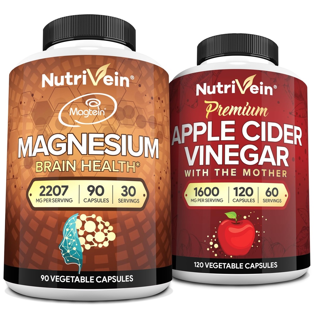 Nutrivein Premium Apple Cidru Oţet Capsule & Magneziu L-Treonat Bundle: supliment de magneziu de mare absorbție Threonat de magneziu și suplimente de cidru de mere Oţet pentru creier, Gut, & Global Well-Being