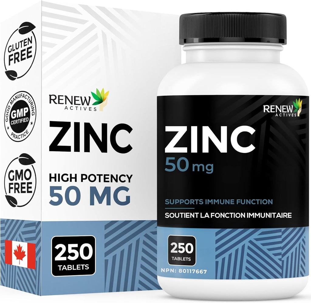 Reînnoirea Active Suplimente de zinc 50MG pe servire - esențiale pentru sănătatea imună, oase puternice și promovarea păr sănătos, unghii și piele strălucitoare pentru utilizare zilnică - Made in Canada - 250 comprimate
