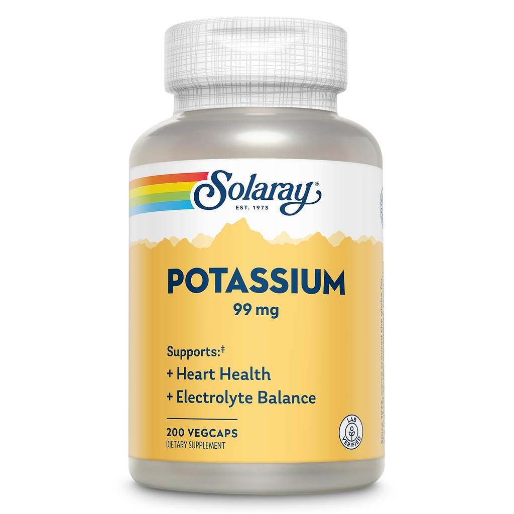 Solaray Potasiu 99 mg - Electrolit Echilibru Formula - Suplimentul de potasiu pentru Electroliți, Vascular și Heart Health Support - 60-Day Money Back Guarantee, Lab Verificate, 200 Servings, 200 VegCaps