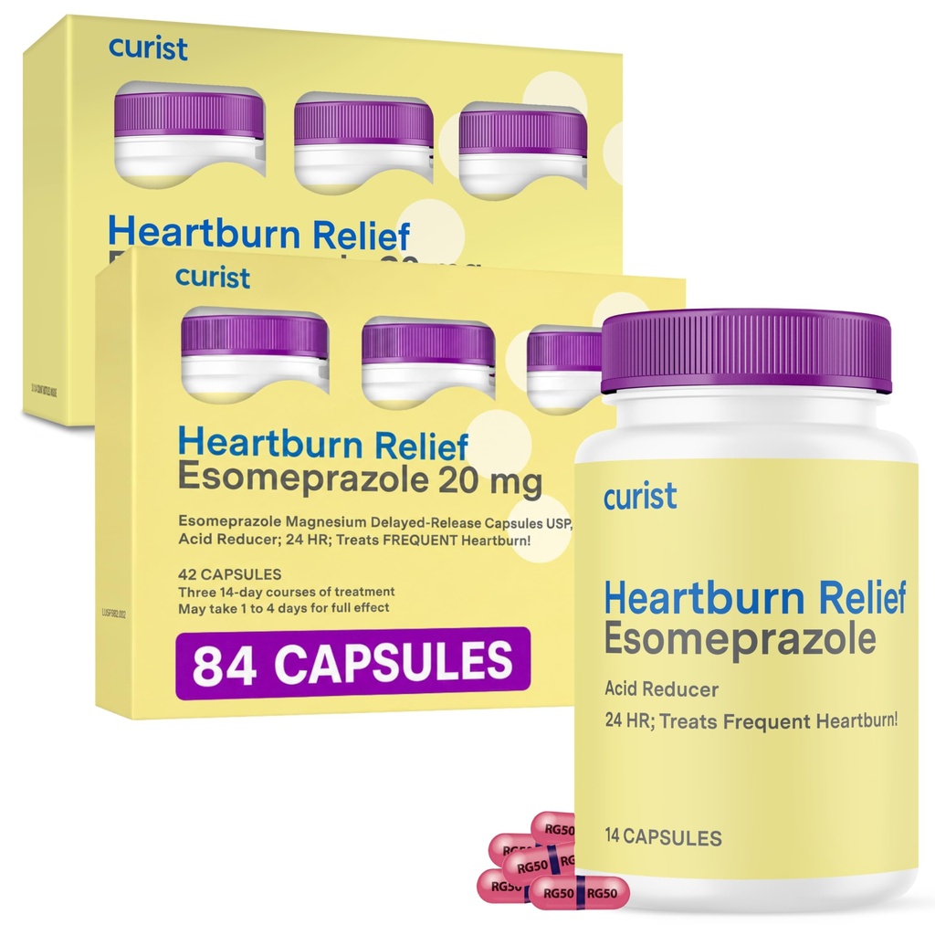Curist Esomeprazole 20 mg Capsule cu eliberare întârziată 84 Număr - Acid Reflux Medicină pentru ameliorarea arsurilor la stomac - Două ambalaje de 42 capsule cu număr (84 Total) - Acid Reflux Reflux