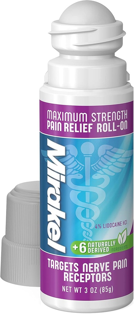 MIRAKEL Nervi durere Relief Roll-on, puterea maximă Lidocaină pentru a ușura durerea în degetele de la picioare, picioare, degete, mâini, picioare și brațe, 3 oz