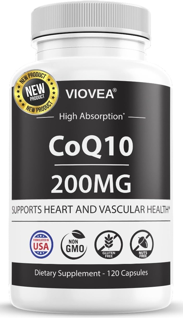 CoQ10 - Made in USA, 120 Capsule, 200 mg (4-Month Supply), Ultra High Absorbtion Cozyme Q10 Supliment - Antioxidant pentru inima, Vascular Health and Energy Boost