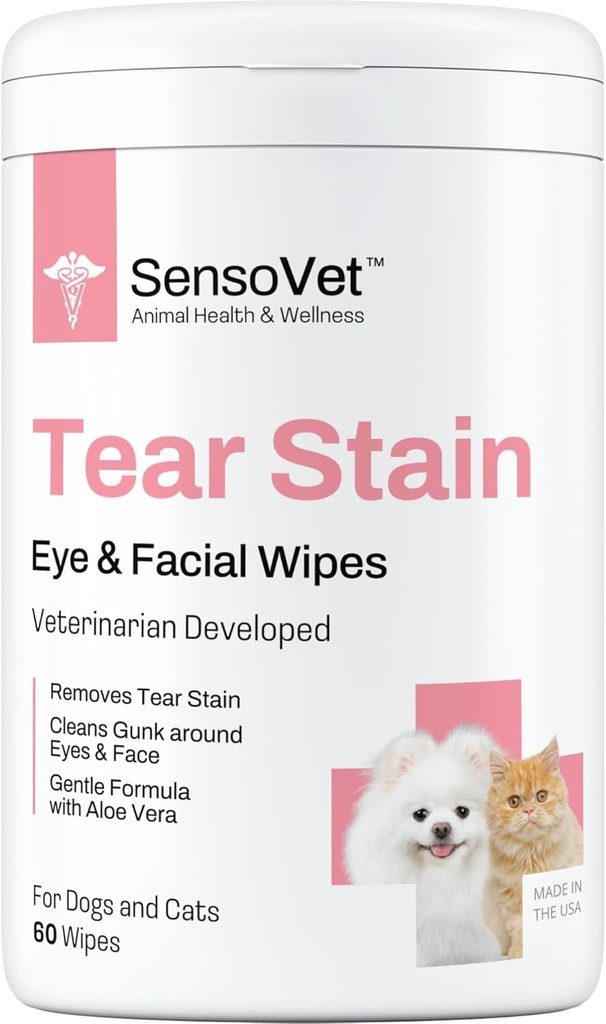 Tear Stain Remover eye Wipes for Dogs & Cats, Cleans Eye Boogers and Gunk Descarca, Facial Cleansing with Aloe Vera (Fragrance Free)