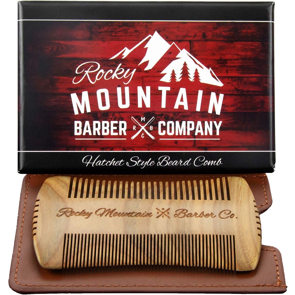 Beard Comb - Sandalwood Natural Hatchet Stil pentru par - Anti-Static & No Snag, Handmade Wide & Fine Contour Contour Perie Cel mai bun pentru Barbă & Moustache cu carling case Pouch