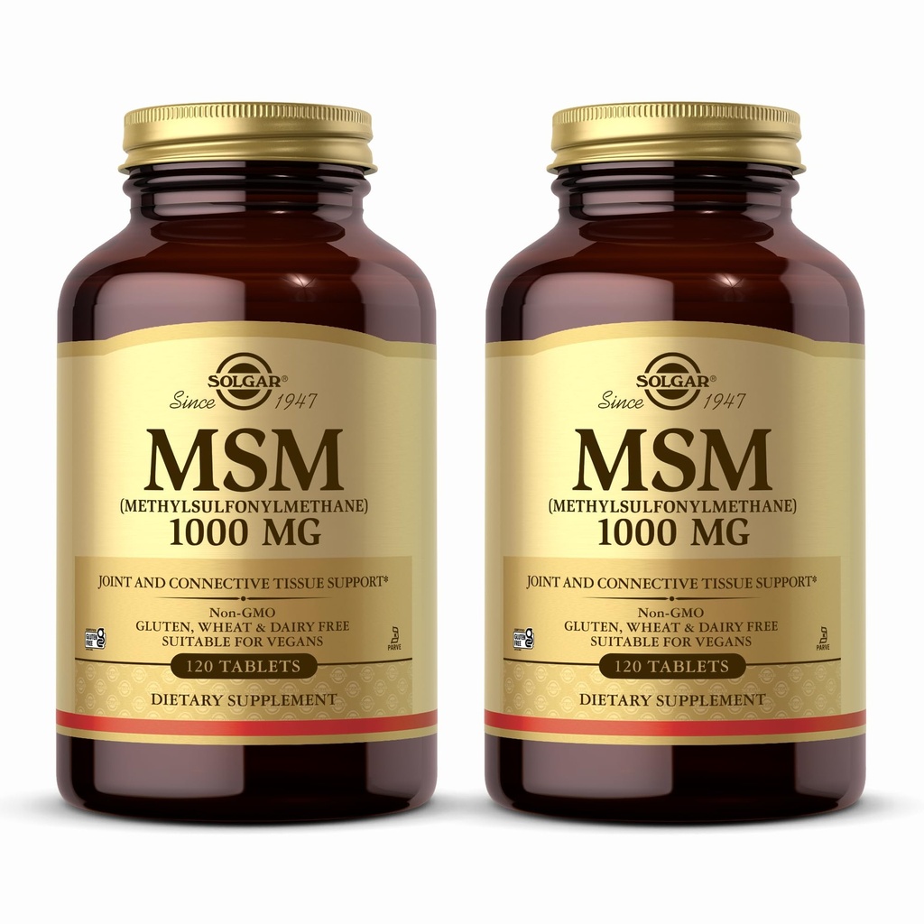Solgar MSM 1000 mg - 120 comprimate, pachet de 2 - Suporturi articulații și țesut conector - non-GMO, Vegan, gluten gratuit, lactate gratuit, Kosher - 240 Serviri totale