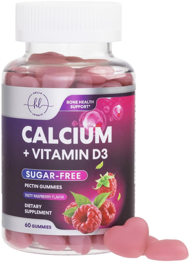 Suplimente de calciu pentru femei - Gume de calciu gratuite de zahăr cu vitamina D3 pentru puterea oaselor, Teeth & Imun Health Support, Chews naturale pentru femei si barbati - aroma de zmeura & non-GMO - 60 Gume
