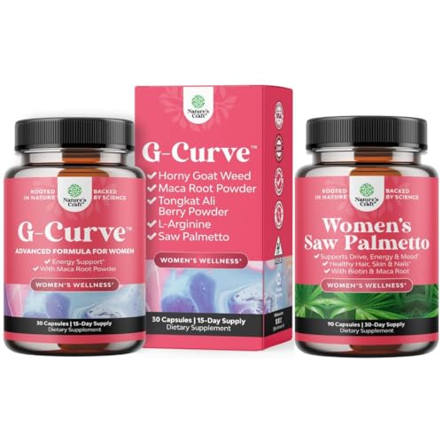 Bundle of G Curve Horny Goat buruieni pentru femei pentru energie îmbunătățită Performanță de spirit și putere suplimentară Saw Palmetto pentru femei 500 mg - DHT Blocker - 30 de zile de aprovizionare - Vitamine de par pentru pierderea parului Supliment