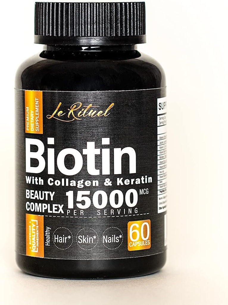 Vitamine de biotina cu colagen & Keratina - Suplimentul de crestere a parului pentru femei si barbati - 15000 mcg pastile - Vitamine A,D,B1,B2,B3,B5,B6,B12 Complex - Capsule Vegan sanatoase - 60 Conte