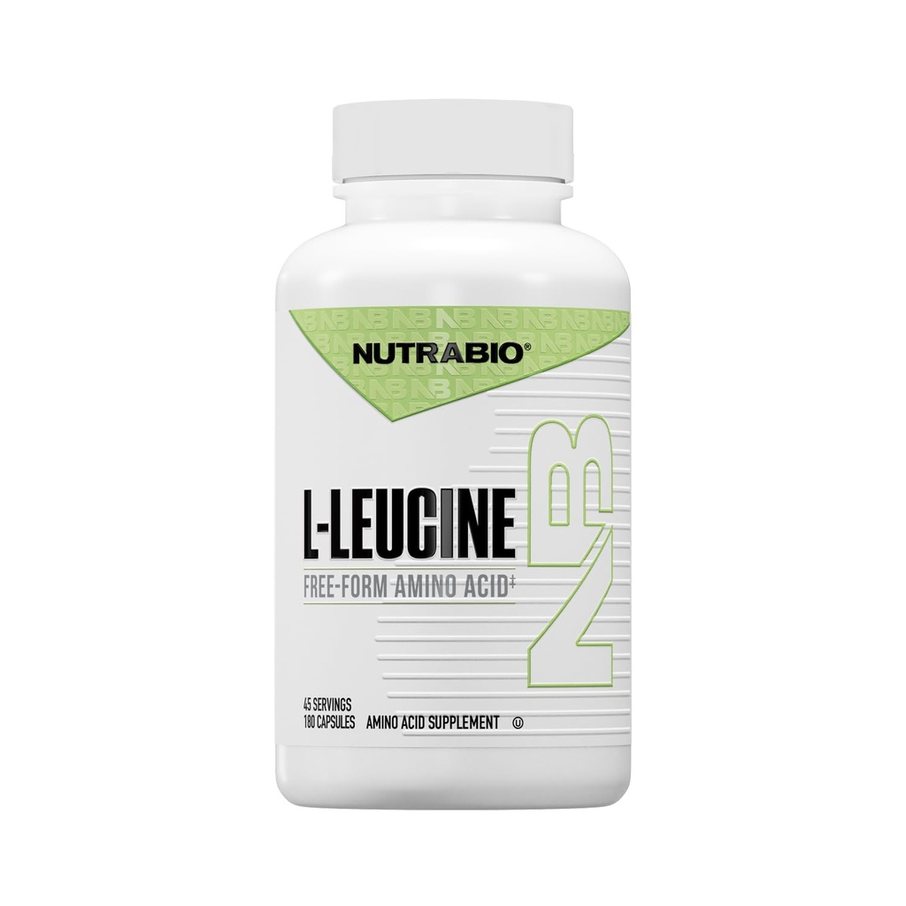 NutraBio L-Leucine Supliment - Optimal Amino Acid pentru crestere musculara si recuperare - Natural Fermentat Free Form Leucine Amino Acids Supliment- Vegan, Non-GMO, Gluten Free - 400mg, 180 Capsule