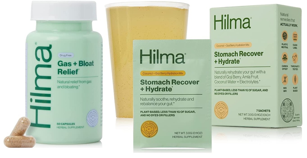 Hilma Natural Gas & Blooting Relief and Stomac Recover + Hidrate - Electrolit organic pulbere cu prebiotice și plante aromatice gastroprotectoare Bundle