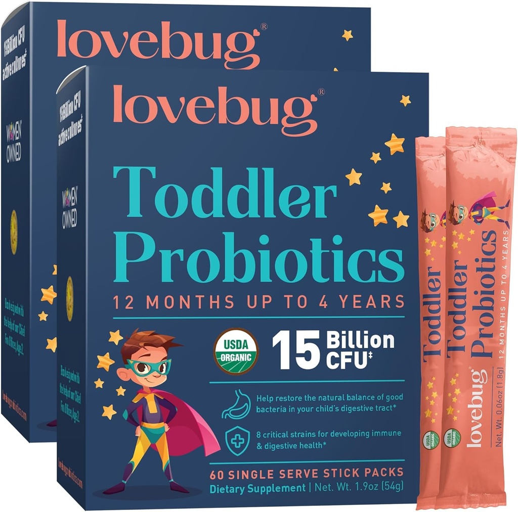 LOVEBUG Pudră probiotică pentru copii cu fibre prebiotice - Suport pentru imunitate pentru bebeluşi şi ajutor pentru constipaţie - USDA Probiotice organice pentru copii Gut & Digestive Health (vechile 1-4 - 60 Pachet (neflavurat)