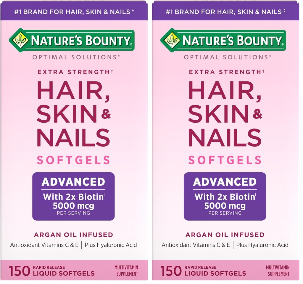Nature's Bounty Advanced Hair, Skin & Nails, Argan-Infuzed Vitamin Supplement with Biotin and Hyaluronic Acid, 150 Rapid Release Softgels (Pachet de 2)