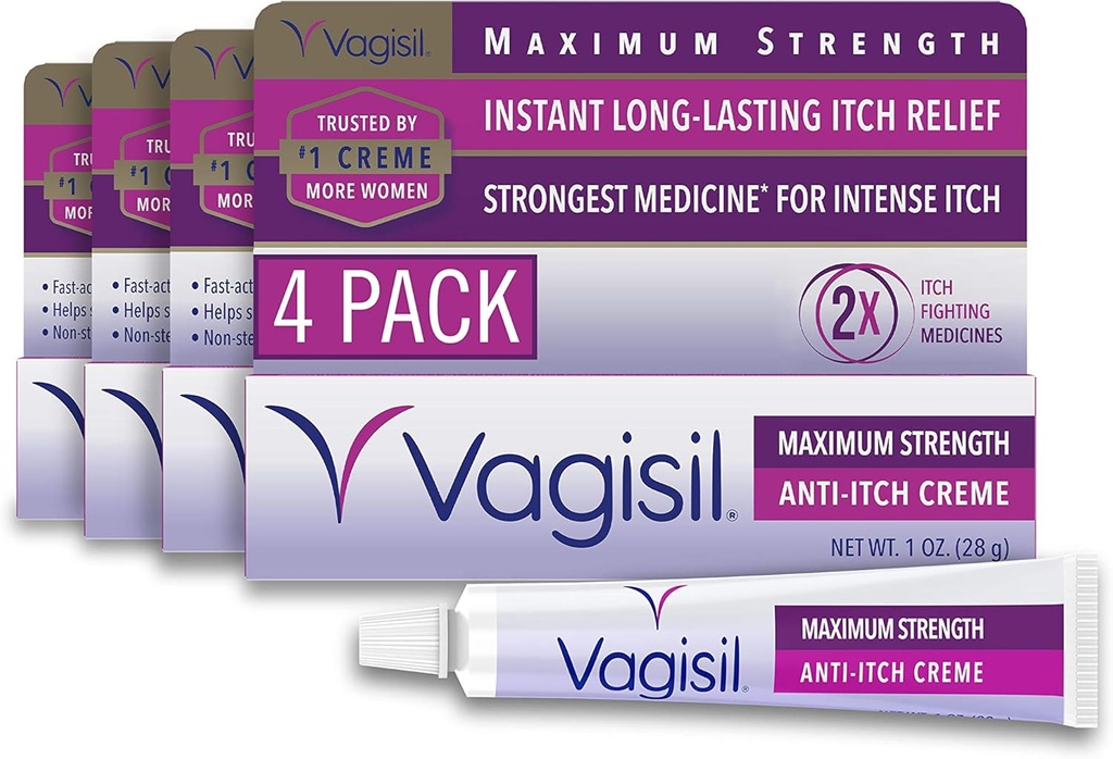 Vagisil Putere maxima Feminina anti-Itch Cream cu Benzocaină pentru femei, ajută la ameliorarea Infectiei cu Drojdii Iritație, ginecolog testat, cu acțiune rapidă, Soothes and Cools Skin, 1 oz (Pachet de 4)