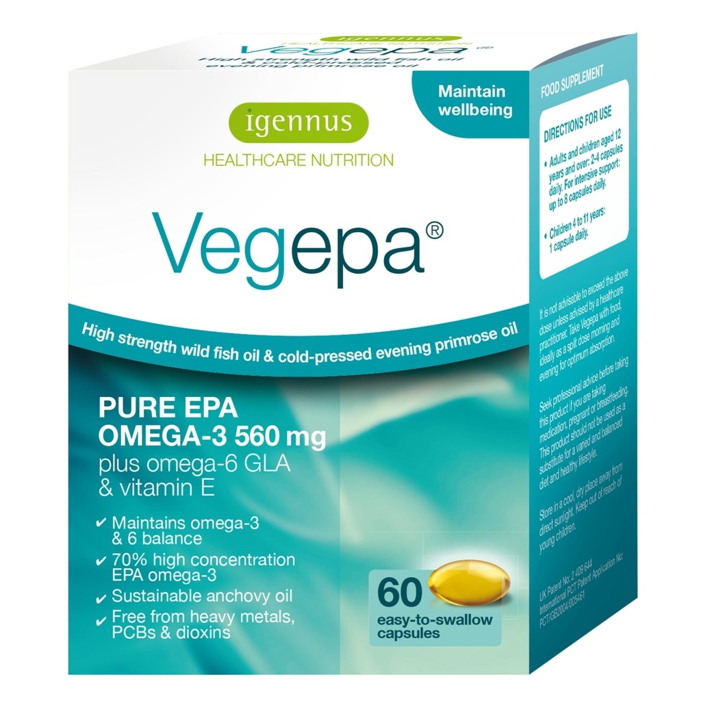 Igennus Vegepa Omega 3 Ulei de pește sălbatic și ulei Primrose de seară, 560 mg EPA Plus GLA, 60 Small Softgels