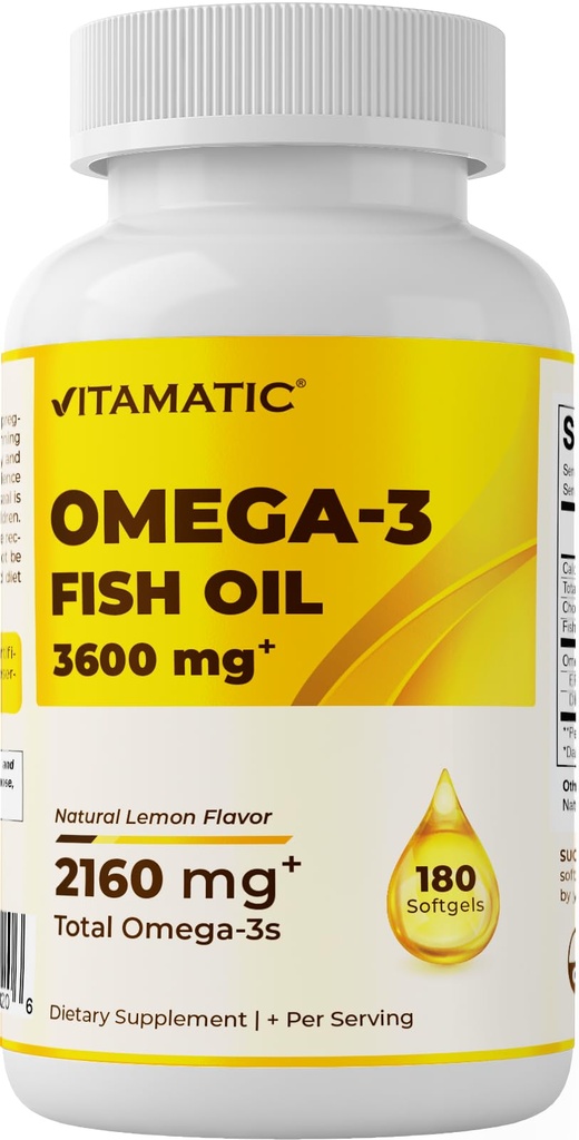 Vitamatic Triple Putere Omega 3 ulei de pește 3600mg Per Servire, 2160mg Omega 3 Acidi grasi, 1296mg EPA + 864mg DHA, Burpless Lemon Flavor, 180 Softgels